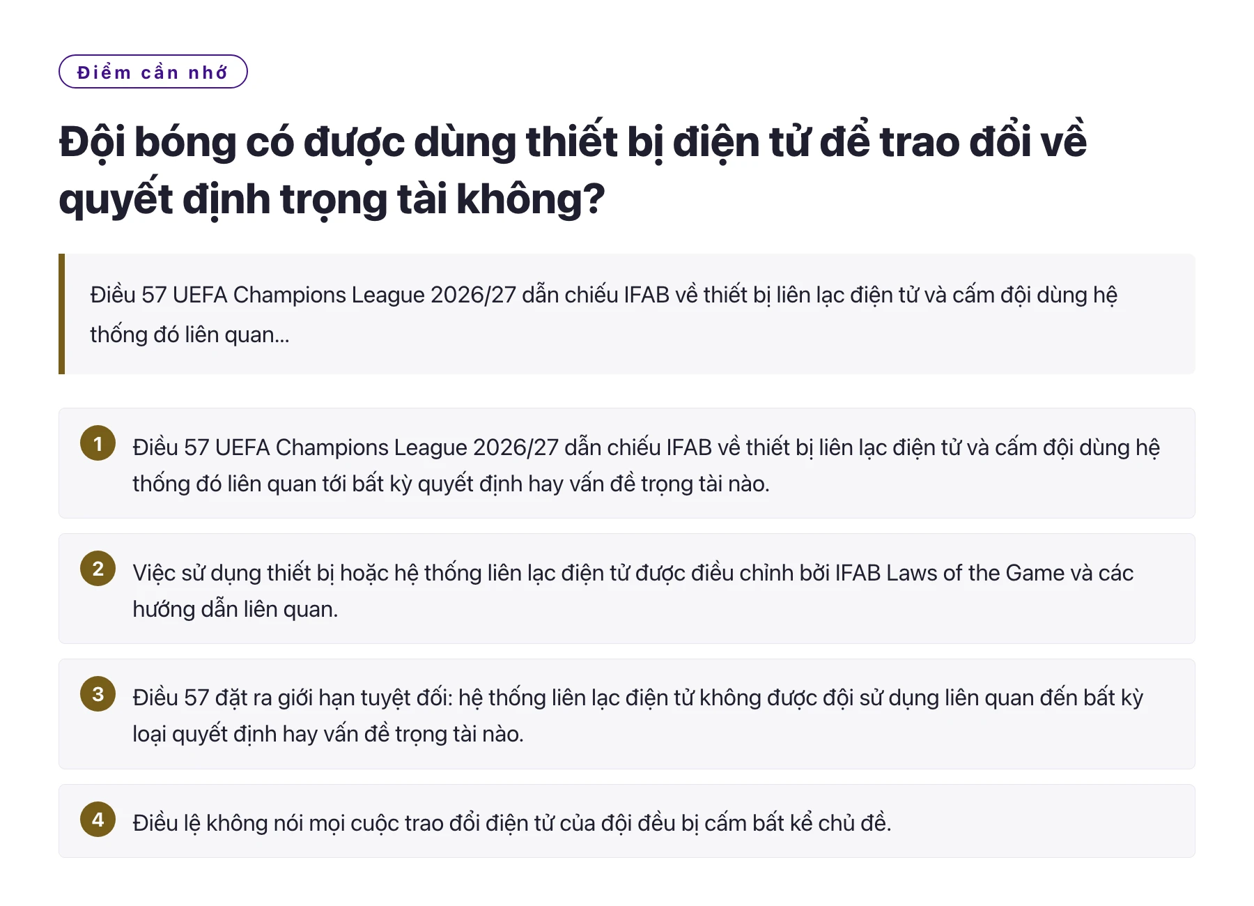 Đội bóng có được dùng thiết bị điện tử để trao đổi về quyết định trọng tài không?——全文要点速览
